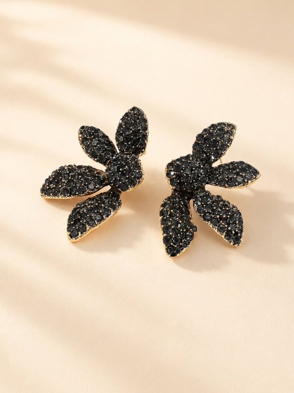 ✨ Black Crystal Floral Statement Earrings Gold Tone Leaf Studs
